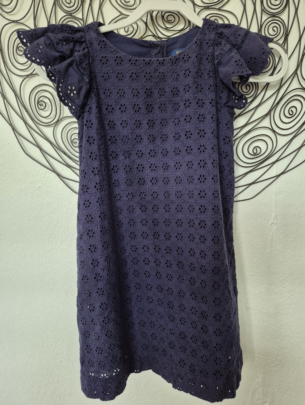Polo Ralph Lauren Girls Navy Eyelet Cotton A-Line Dress, Flutter Sleeve, Lined, - Picture 2 of 7